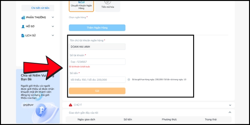 Thêm tài khoản banking cá nhân để rút tiền BK8