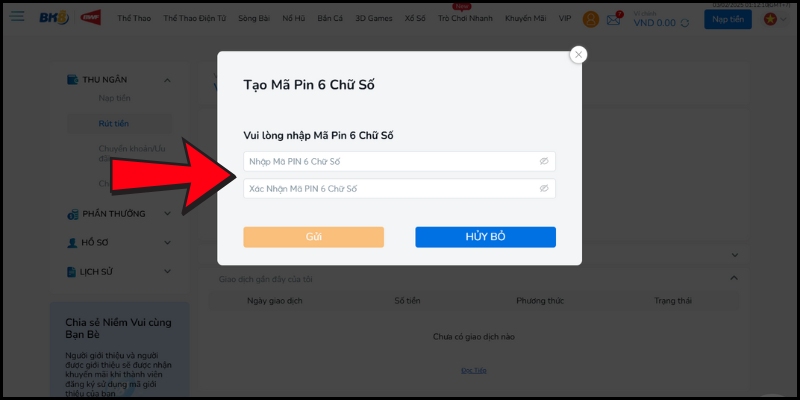 Người chơi thiết lập mã pin 6 chữ số